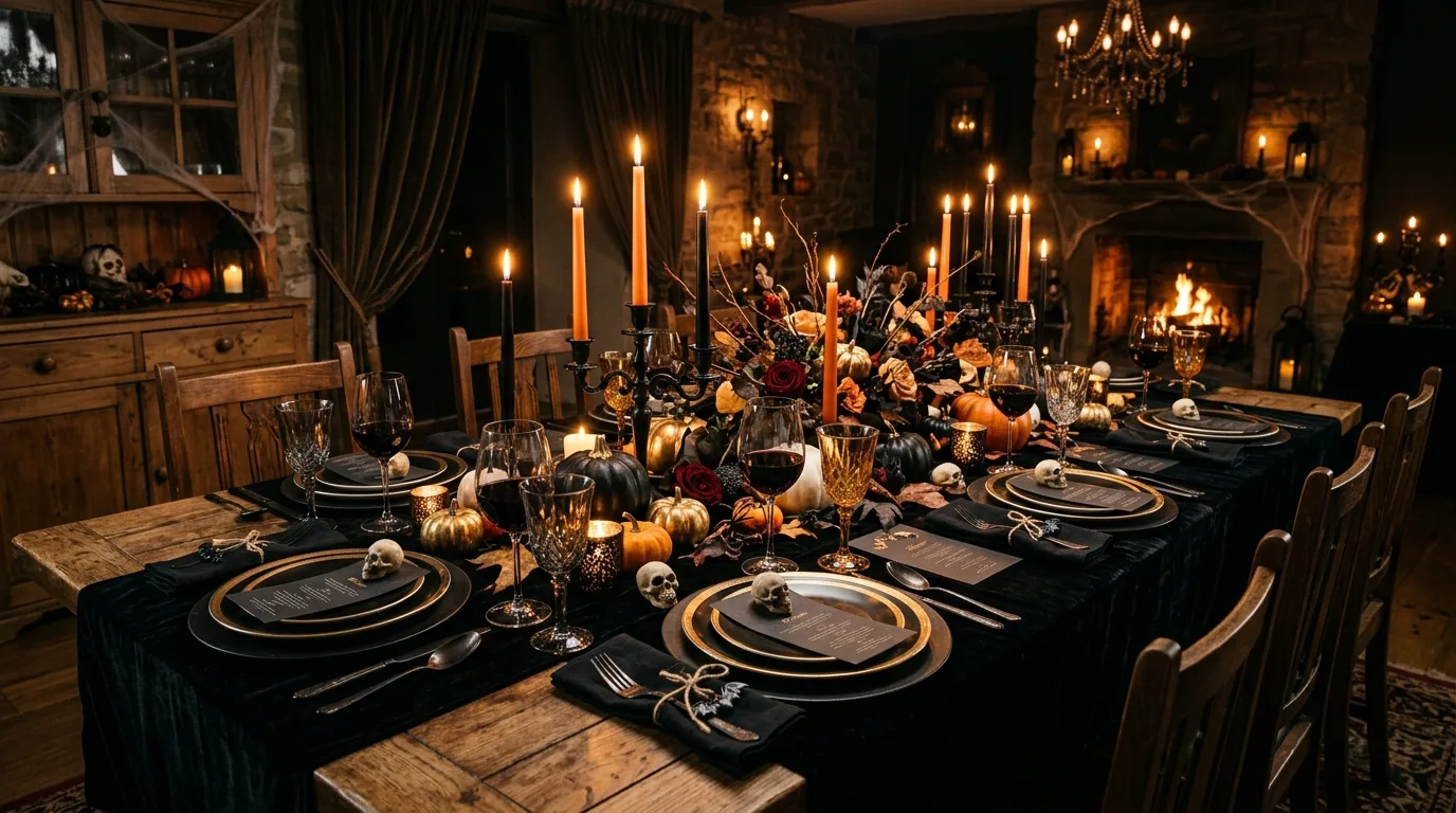 Festive Halloween table decorations for a spooktacular dinner party.